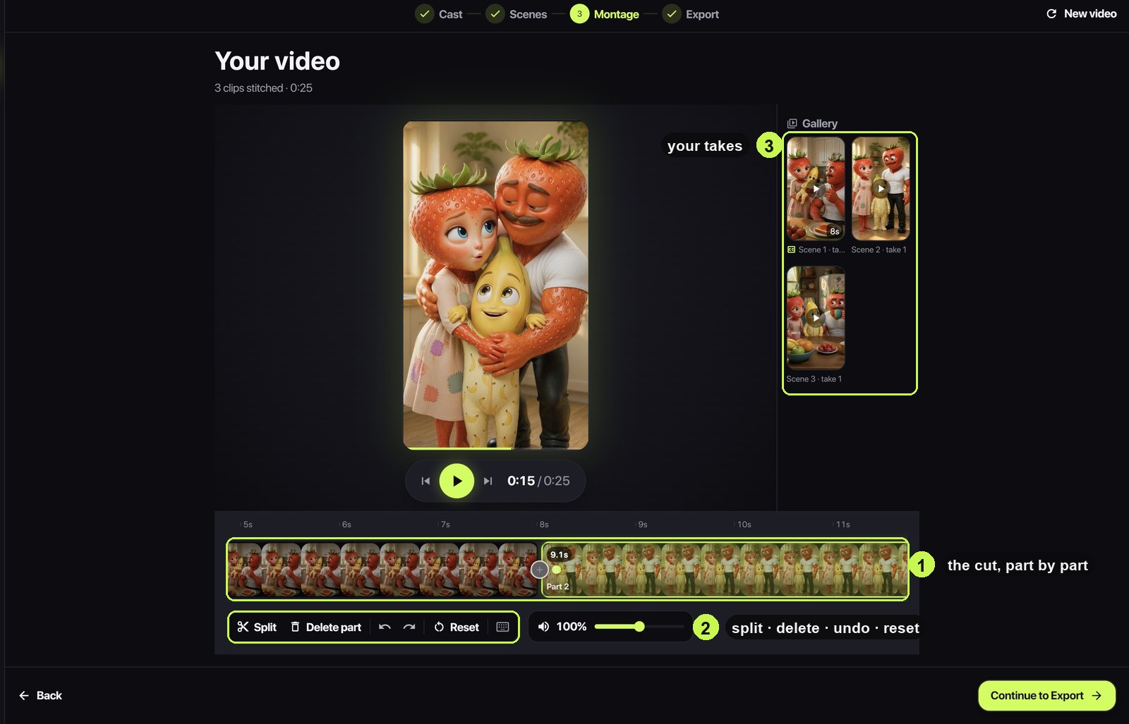 The Montage step: the cut as parts, the editing tools, and every take the project has generated.