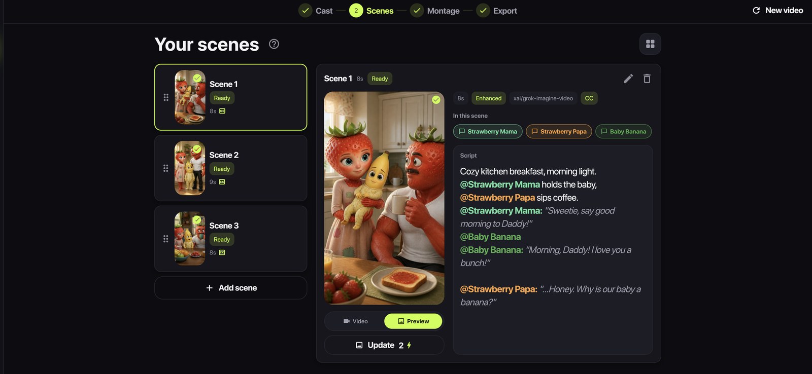 Each scene is a small script. Tagged speakers become the reference images the clip is rendered against.