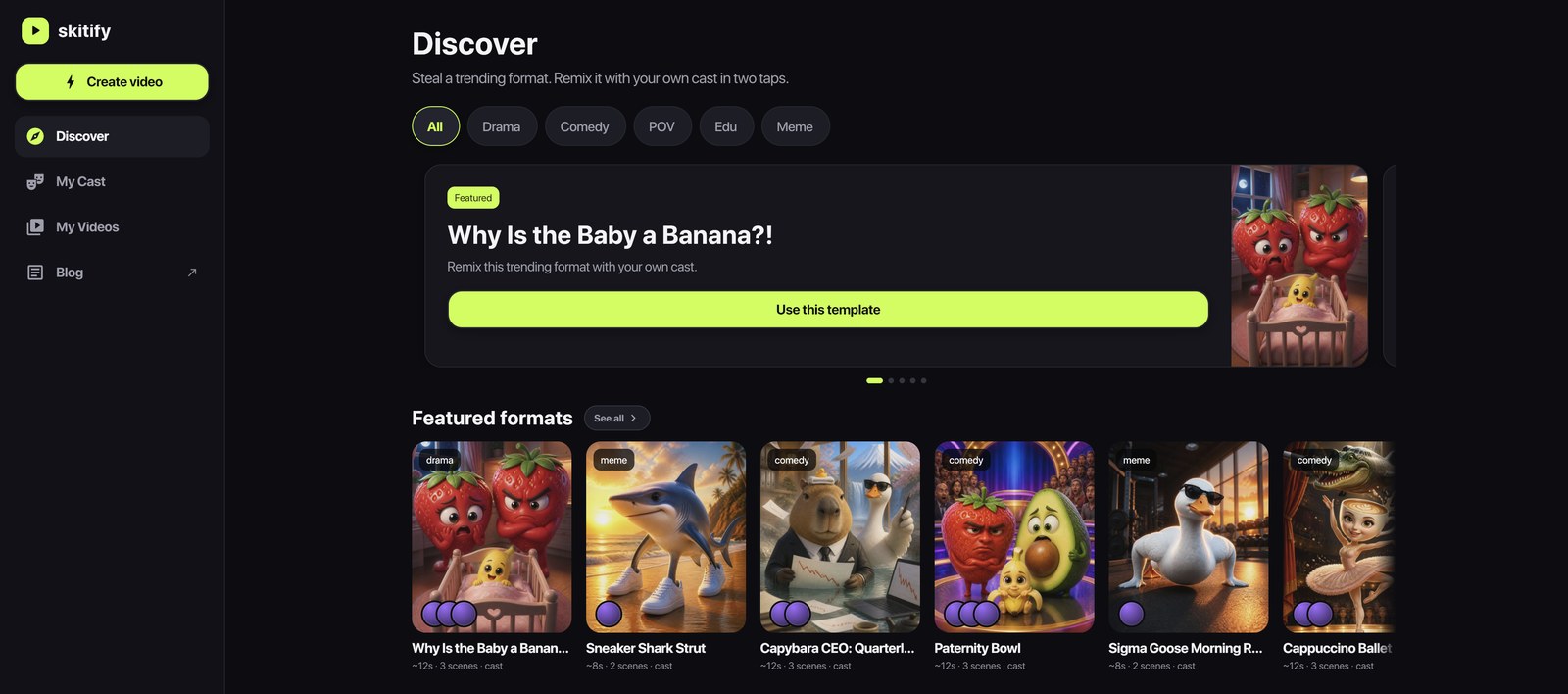 Discover: formats grouped by category, each one openable as a script you can rewrite.